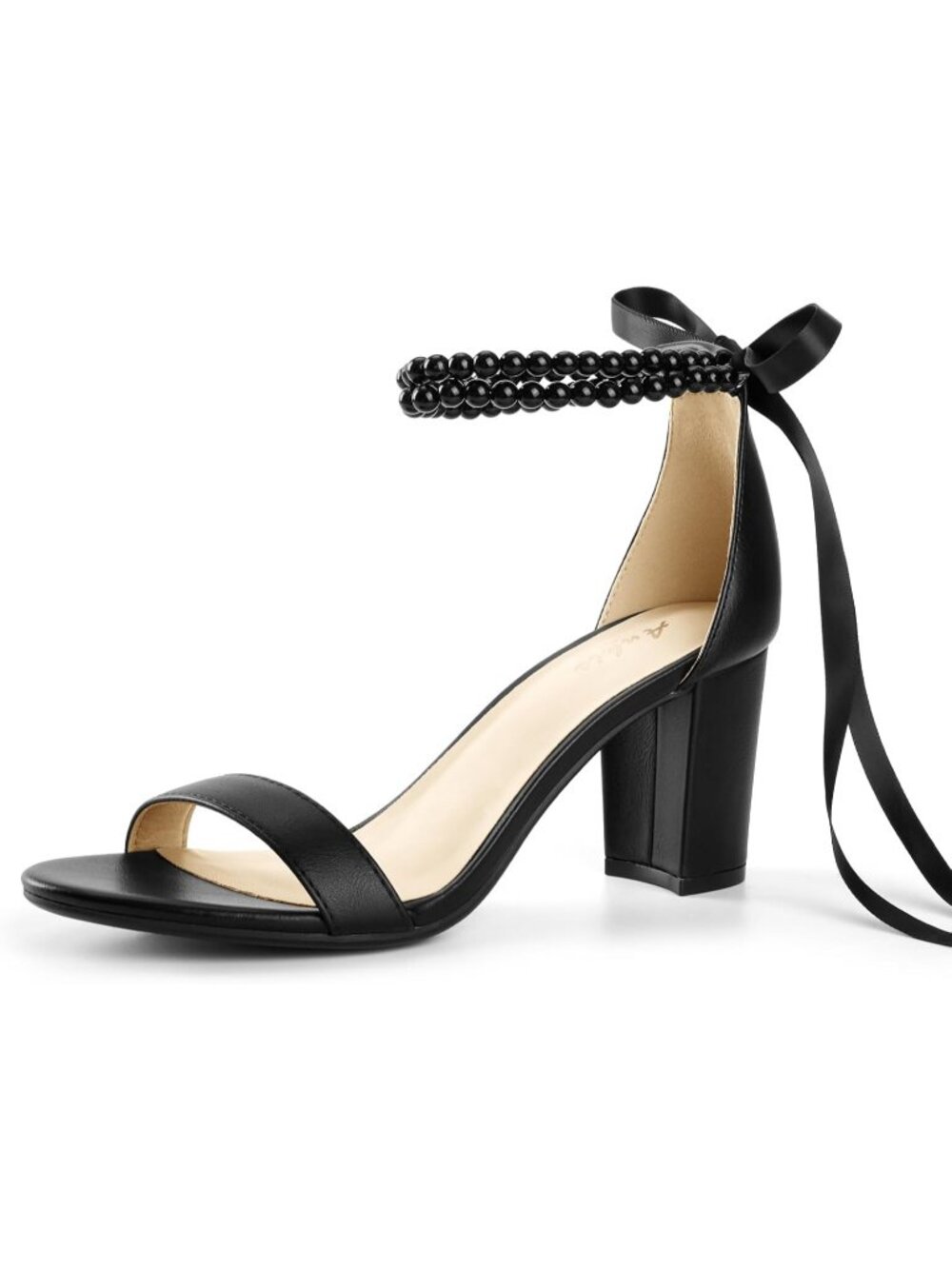 Women's Black Fashionable Comfort Chunky Heels Pearl Bow Elegant Heeled Sandals